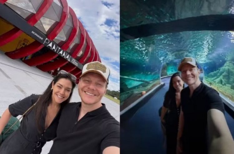 Michel Teló conhece o maior aquário de água doce do mundo pela 1ª vez ao lado da esposa e filhos: 'Lugar lindo'